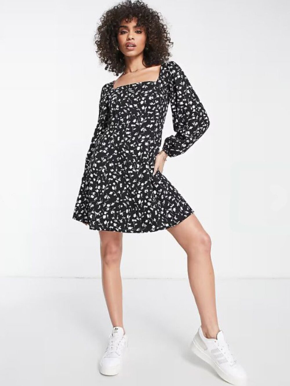 Missguided Tie Back Floral Fit & Flare Open Back Mini Dress In Black Size 4